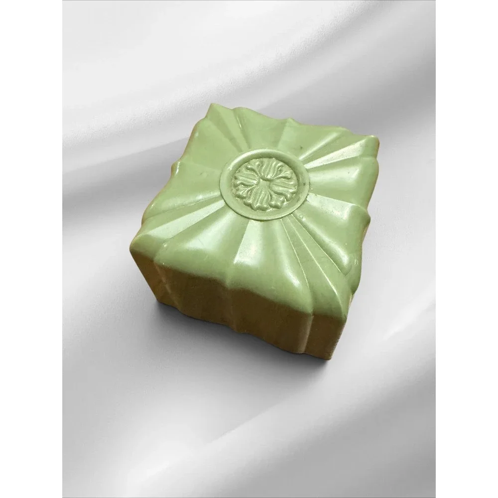 Vintage Art Deco Green Celluloid Ring Box Sunburst Floral Medallion Design